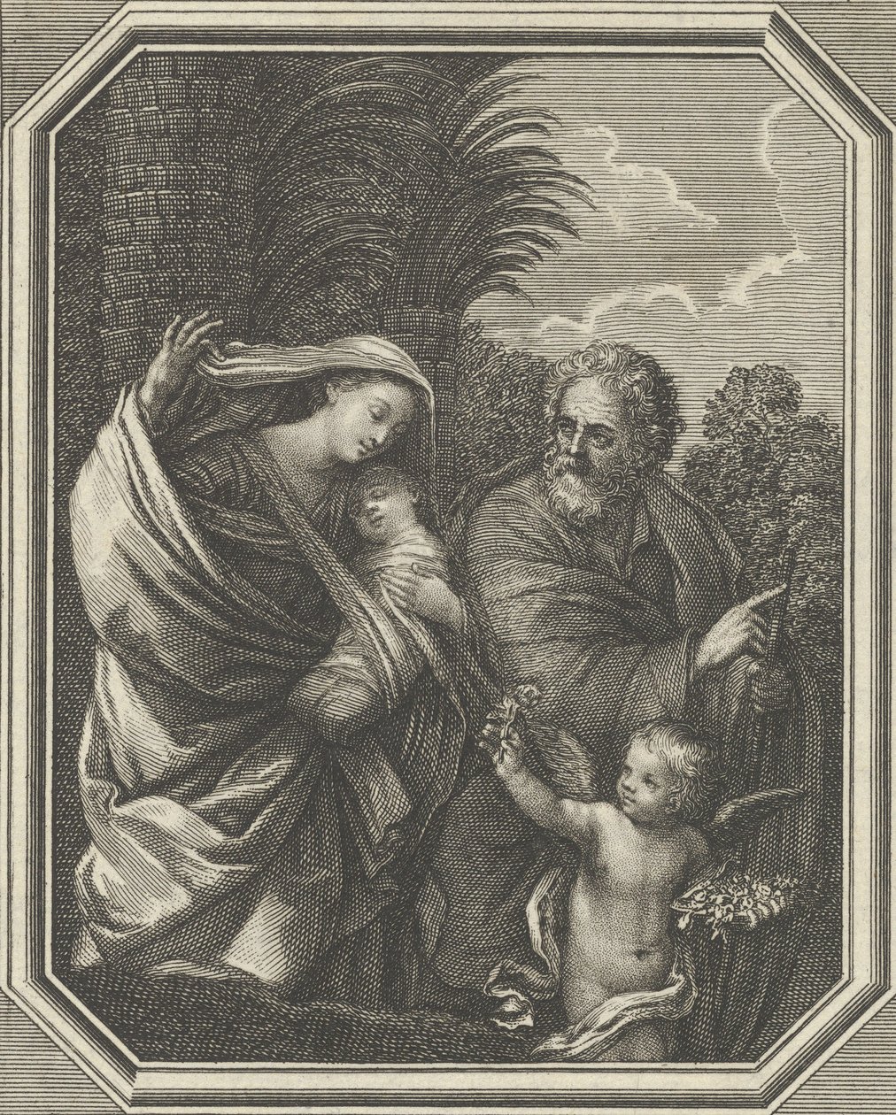 Lento Egyptiin, pyhä perhe kävelemässä nuoren Johannes Kastajan kanssa, tre..., n. 1720-86. tekijältä Claude Augustin Duflos