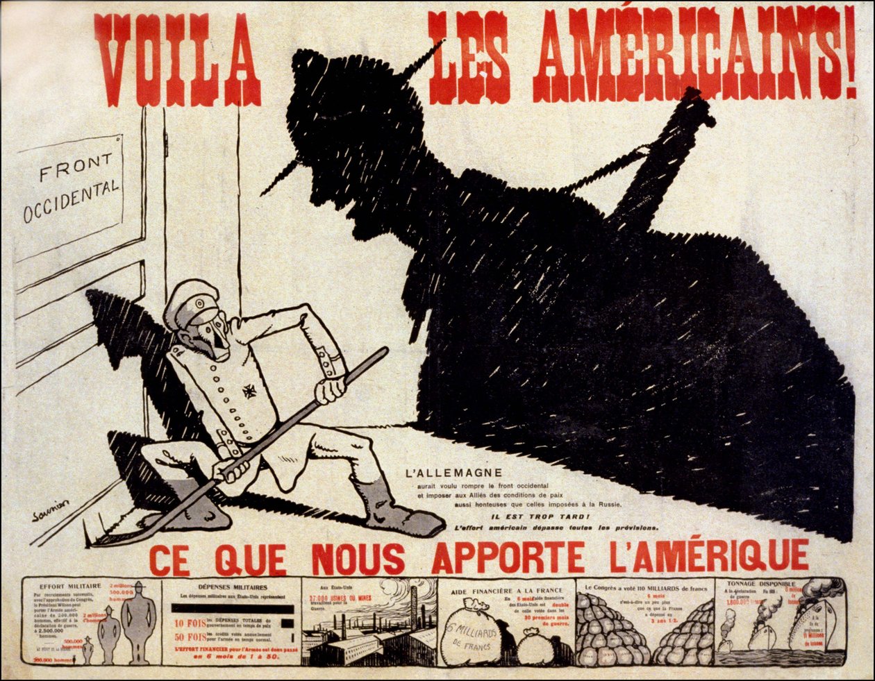 Tässä amerikkalaiset ja mitä Amerikka tuo meille - juliste Yhdysvaltain sotaponnisteluista, sairas. Kirjailija: Charles Saunier (s. 1865) tekijältä Claude Charles (attr. to) Saunier