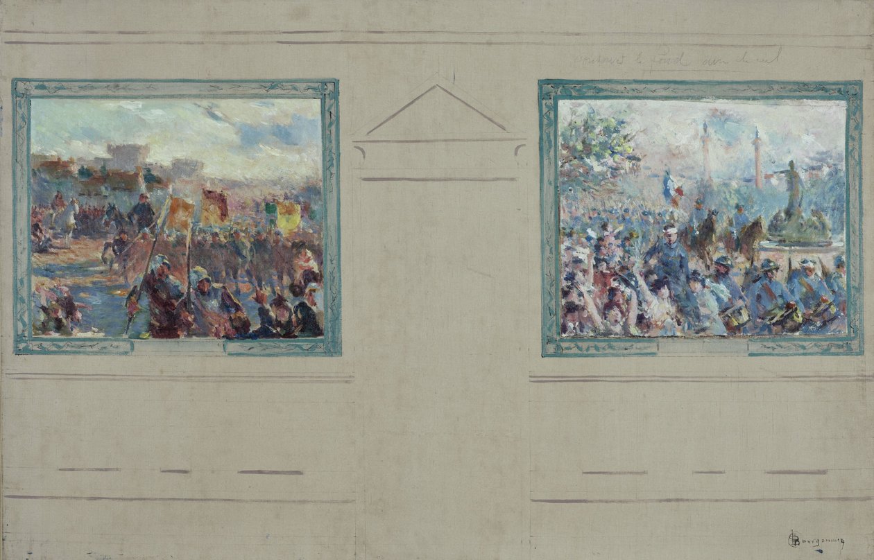 Pariisin 12. kaupunginosan kaupungintalon luonnos: Revue militaire. Défilé place de la Nation, noin 1910 (öljy kankaalle). tekijältä Claude Charles Bourgonnier