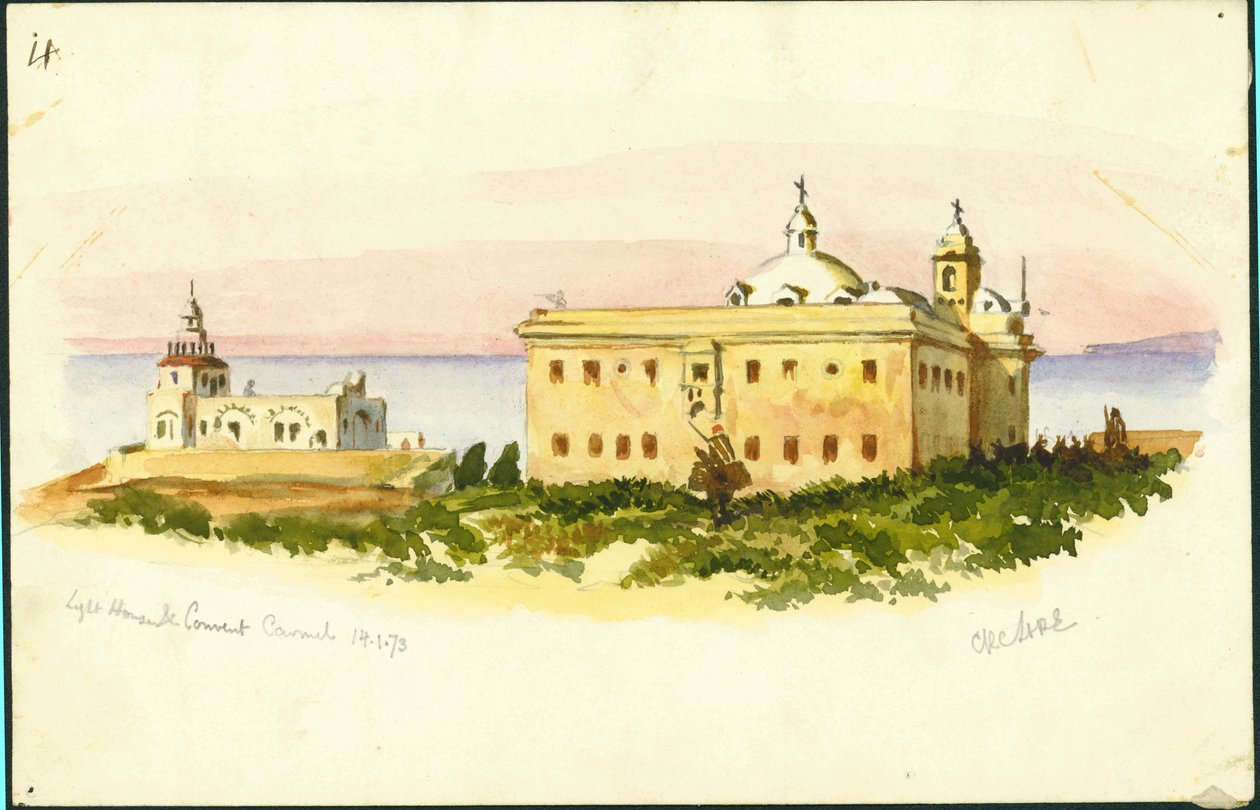 Majakka ja luostari, Carmel, 1873 (me ja kynä paperille) tekijältä Claude Conder