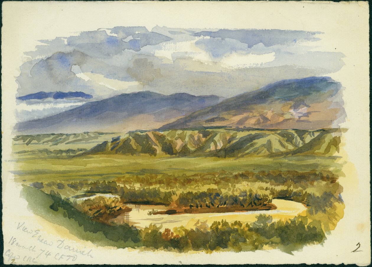 Näkymä lähellä Damiehia, Jordan Valley, 1874 (wc ja kynä paperilla) tekijältä Claude Conder