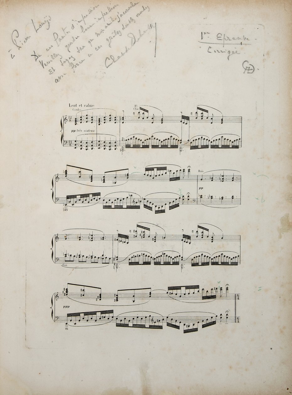 Sivu ensimmäisestä korjatusta todisteesta "La damoiselle elue", n. 1887-88 tekijältä Claude Debussy