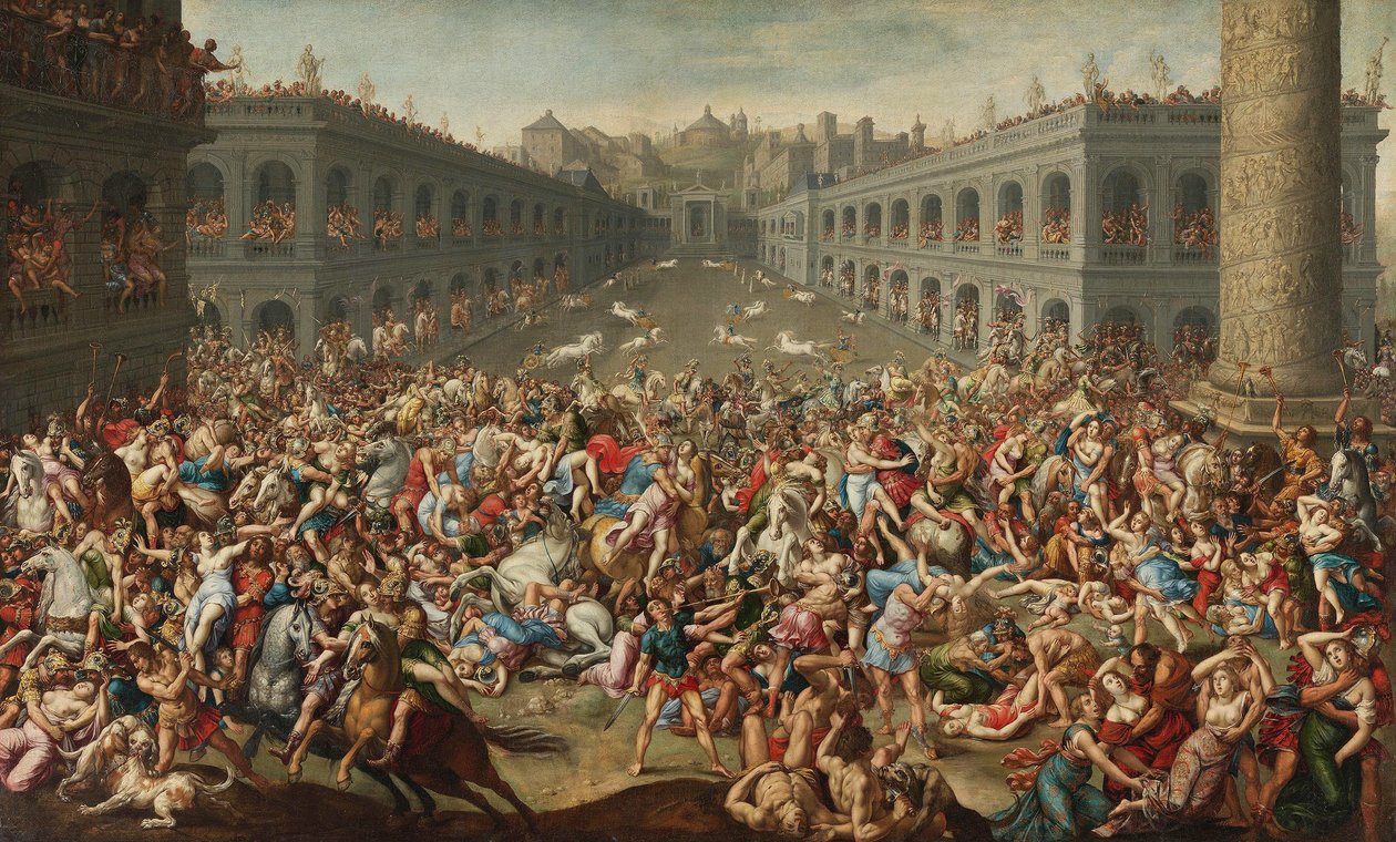 Saksan kieli:  Raub der Sabinerinnen The Rape of the Sabine Women (Sabiininaisten raiskaus). tekijältä Claude Deruet