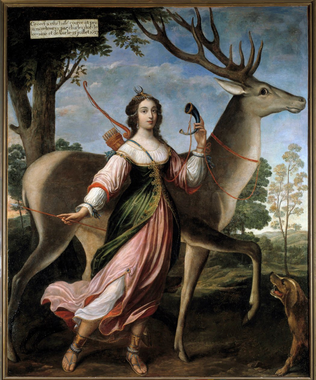 Marie de Rohanin muotokuva - Montbazon, Luynesin ja sitten Chevreusen herttuatar (1600-1679) Nuori nainen on esitetty metsästäjä Dianena hirven kanssa. Claude Deruetille (1588-1662) kuuluva maalaus 1627 su. 2,4x1,95 m tekijältä Claude Deruet