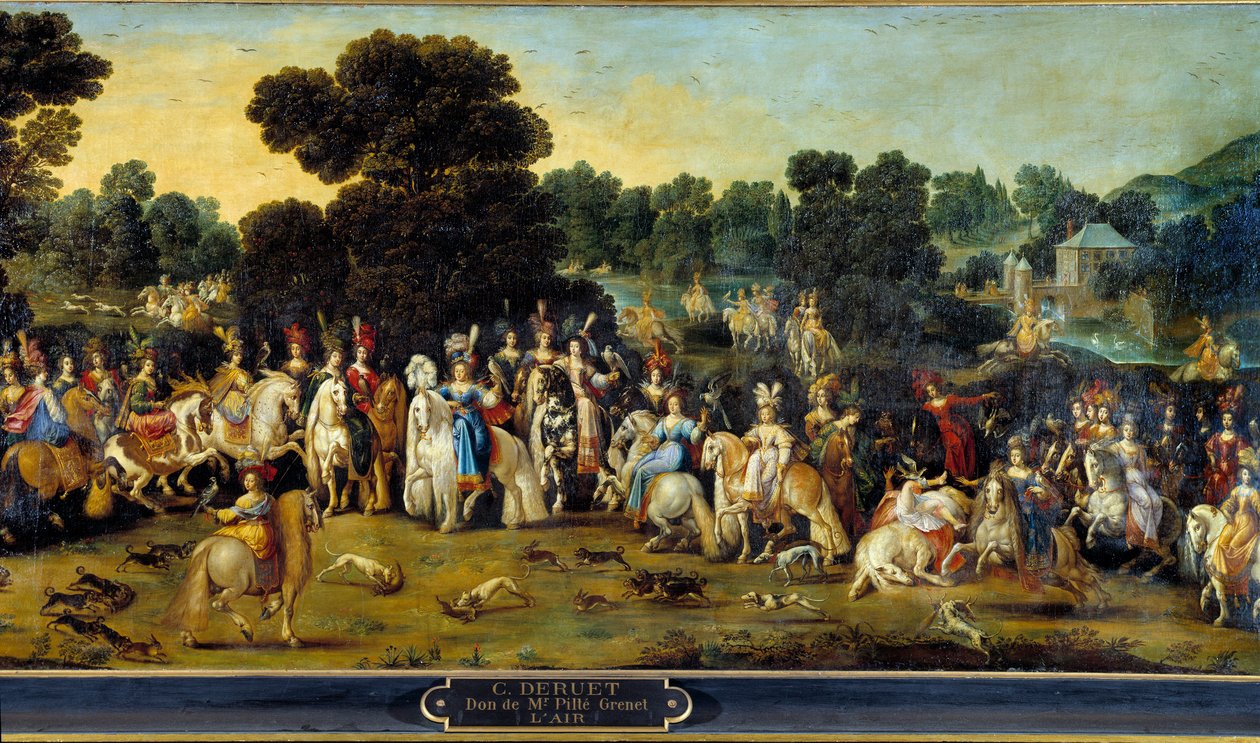 Neljä elementtiä: "Ilma". Metsästyspaikka linnan puistossa. Yksityiskohta. Claude Deruetin (1588-1662) maalaus 1641 su. 1,14x2,58 m Orleans, musee des Beaux Arts tekijältä Claude Deruet