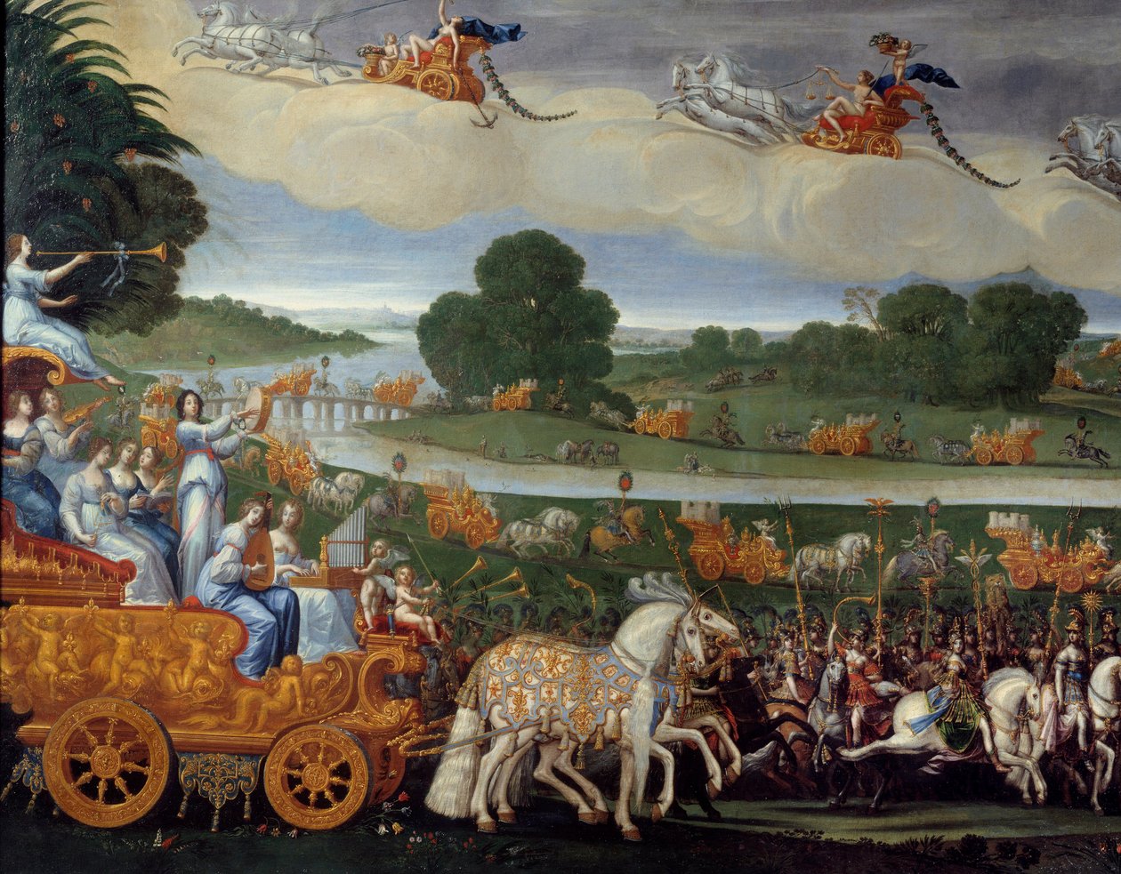 Neljä elementtiä. Maa (yksityiskohta vasemmalla). Öljy kankaalle. Mitat: 4,22 x 1,14 m. Claude Deruetin maalaus (1588-1662) tekijältä Claude Deruet
