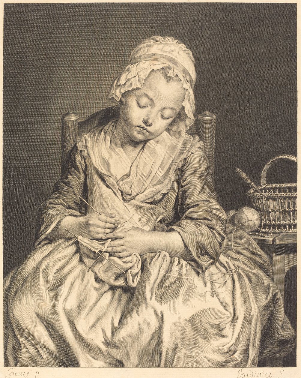 Nukkuva neuloja tekijältä Claude Donat Jardinier after Jean Baptiste Greuze