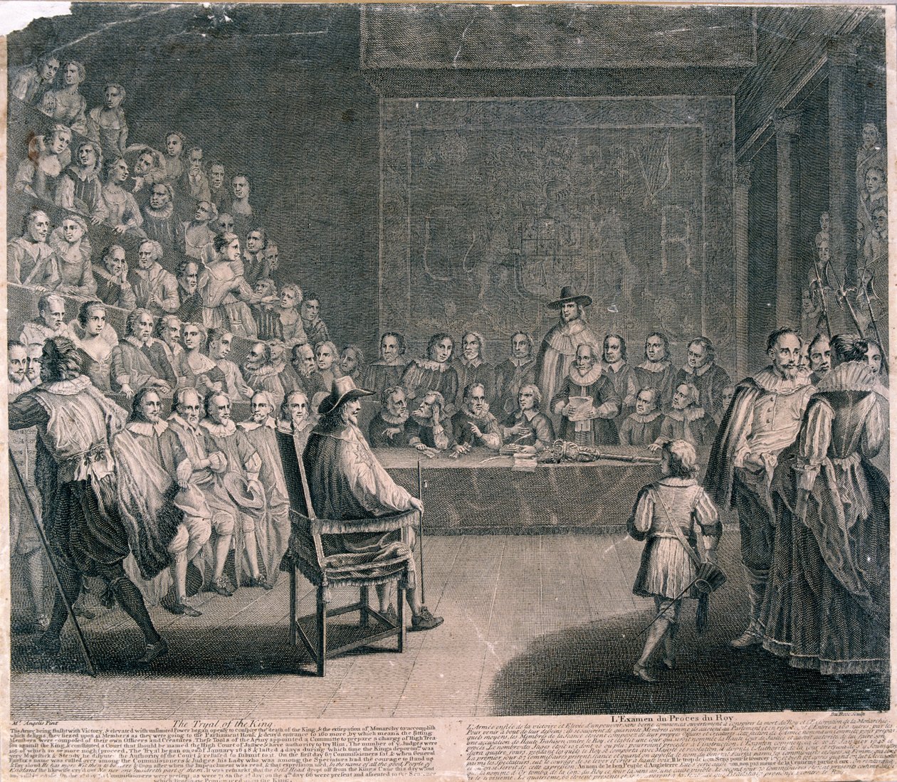 Kuningas Kaarle I:n oikeudenkäynti, Westminsterin palatsi, n. 1725 tekijältä Claude Dubosc