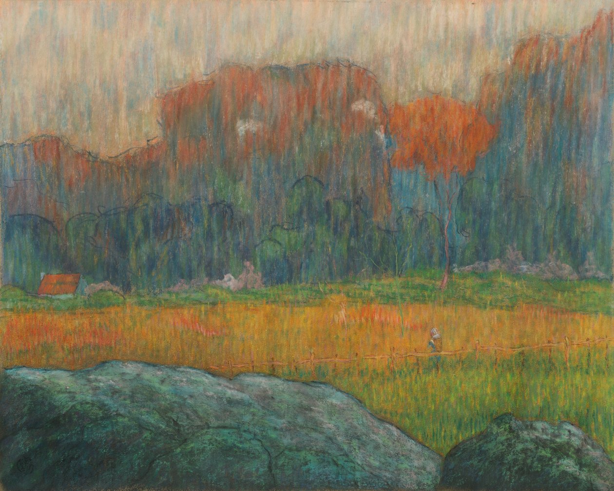 Maisema, jossa on hahmo ja taloja, n. 1891 (pastelli). tekijältä Claude Emile Schuffenecker