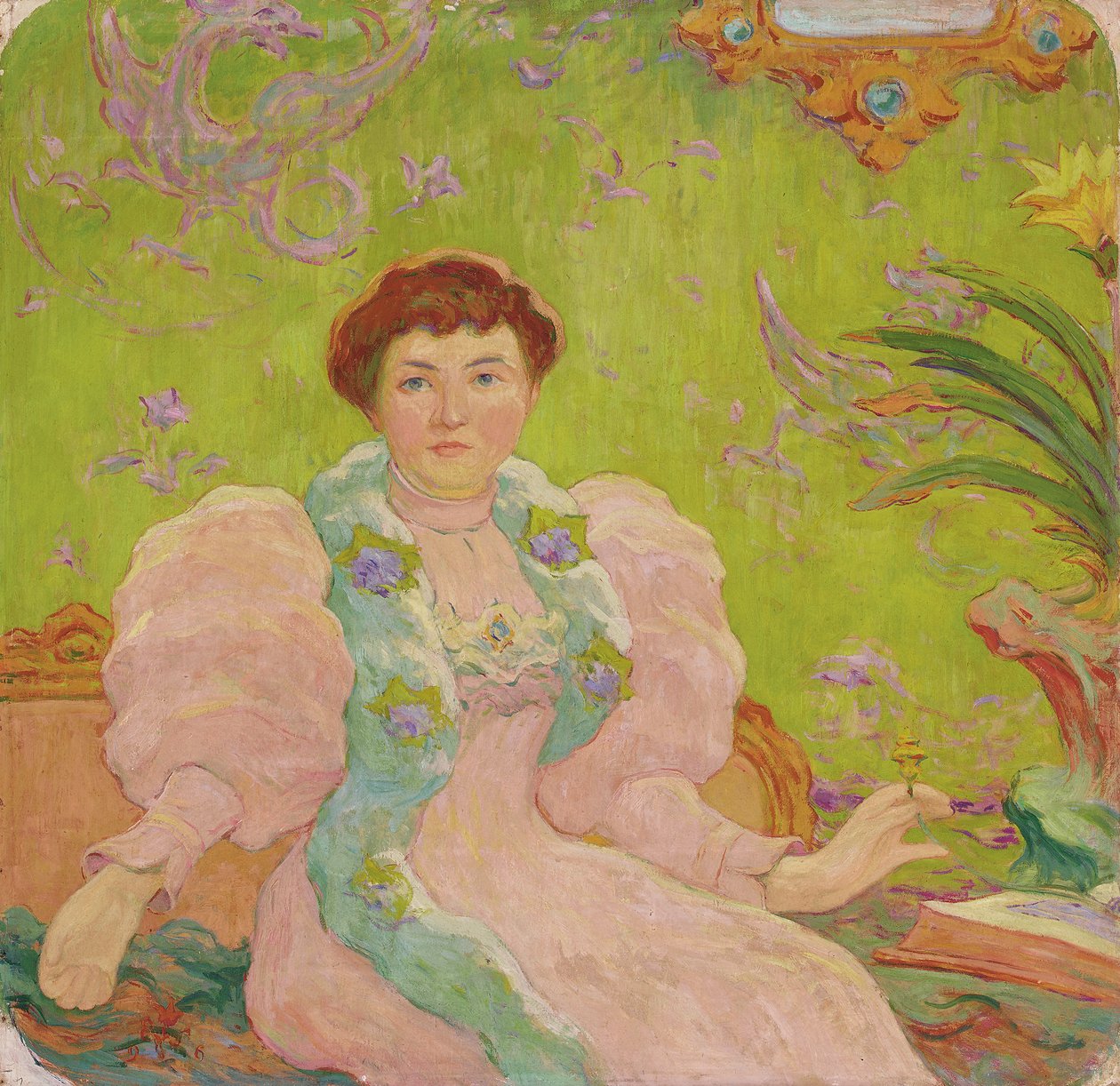 Nuori nainen vaaleanpunaisessa mekossa; Jeune femme a la robe rose, n. 1893 (öljy kankaalle) tekijältä Claude Emile Schuffenecker