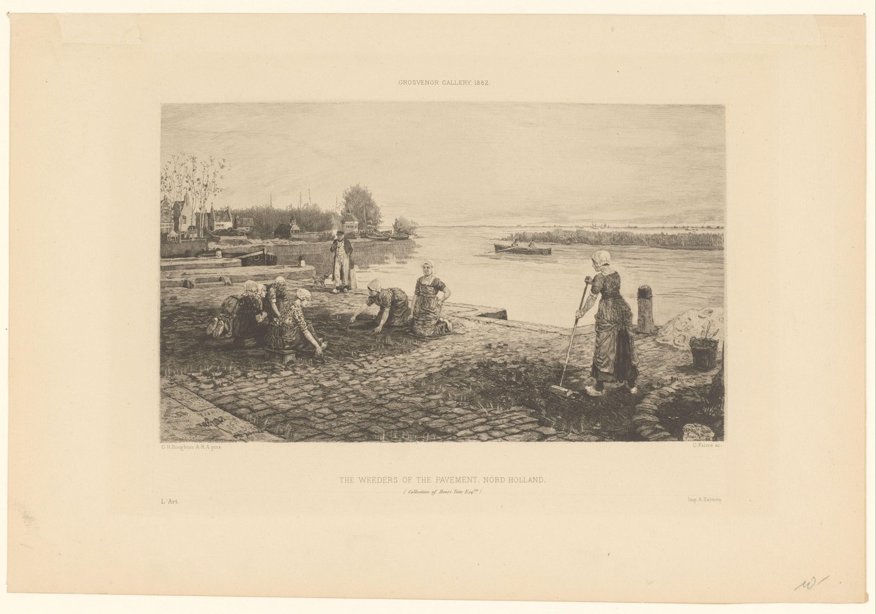 Naiset kitkemässä laituria Pohjois-Hollannissa Jalkakäytävän kitkejät, Nord Holland (otsikko esineessä) tekijältä Claude Faivre