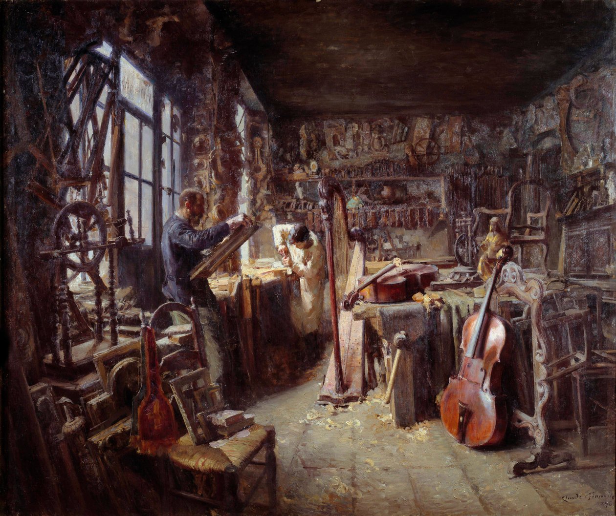 Restauraattori työpajassaan täynnä instrumentteja. Claude Firminin (1864-1944) maalaus 1896 Avignon musee Calvet Huomio! Tämän teoksen käyttö saattaa edellyttää kolmannen osapuolen lupapyyntöä tai lisämaksuja tekijältä Claude Firmin