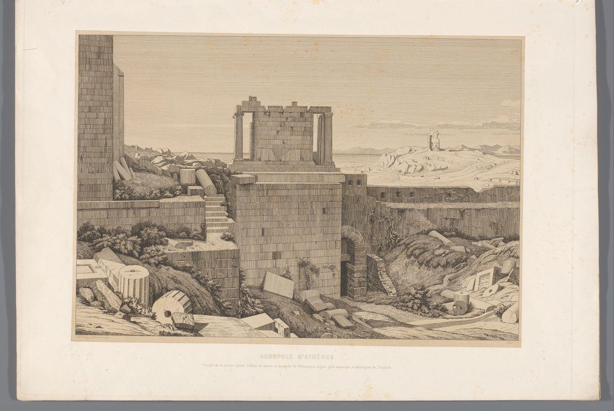 Gezicht op de Akropolis van Athene Ateenan akropolis (otsikko esineessä) Näkymiä antiikin Kreikan kuuluisimmista kohteista (...) (sarjan nimi) tekijältä Claude Félix Théodore Caruelle d