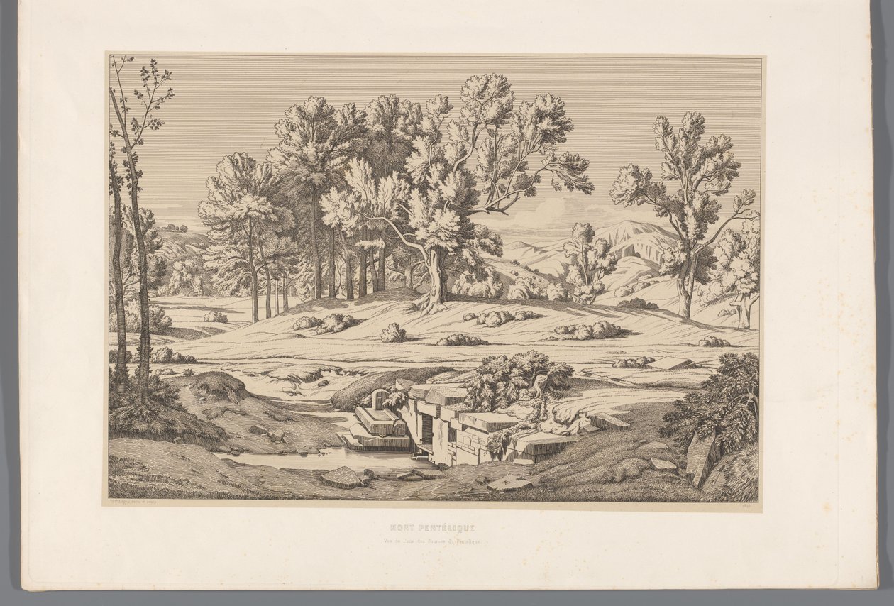 Landschap met gezicht op de berg Pentelikon Mount Pentelic (otsikko esineessä) Näkymiä antiikin Kreikan kuuluisimmista kohteista (...) (sarjan nimi) tekijältä Claude Félix Théodore Caruelle d
