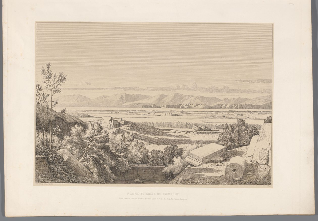 Landschap met zicht op ruins van Korinth Tasango ja Korintinlahti (otsikko esineessä) Näkymiä antiikin Kreikan kuuluisimmista kohteista (...) (sarjan nimi) tekijältä Claude Félix Théodore Caruelle d