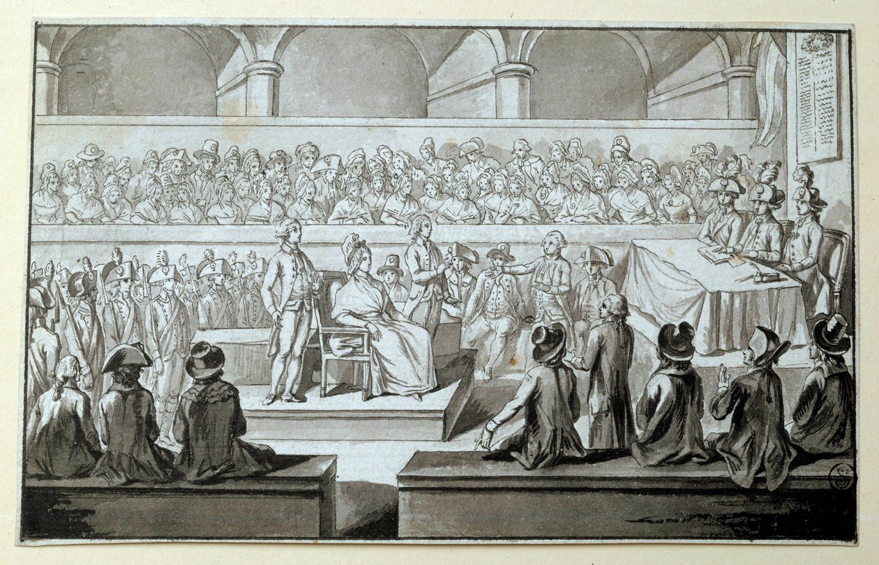 Ranskan kuningatar Marie Antoinette vallankumouksellisen tuomioistuimen edessä: päivät 14,15,16/10/1793 Asianajaja, joka puolusti hänen tapauksessaan on Claude Francois Chauveau-Lagarde (1756-1841). Piirustus mustalla musteella Dim. 0,097x0,15 m. Pariisi,  tekijältä Claude Francois Chauveau Lagarde