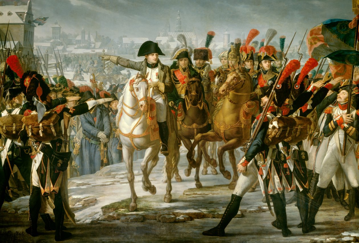 Keisari Napoleon I (1769-1821) järjesti Suuren Armeen 2. joukkoa Lechin sillalle ennen Augsburgin hyökkäystä 10.12.1805 Claude Gautherotin (1769-1825) maalaus 1808 Su. 3,85x6,2 m tekijältä Claude Gautherot