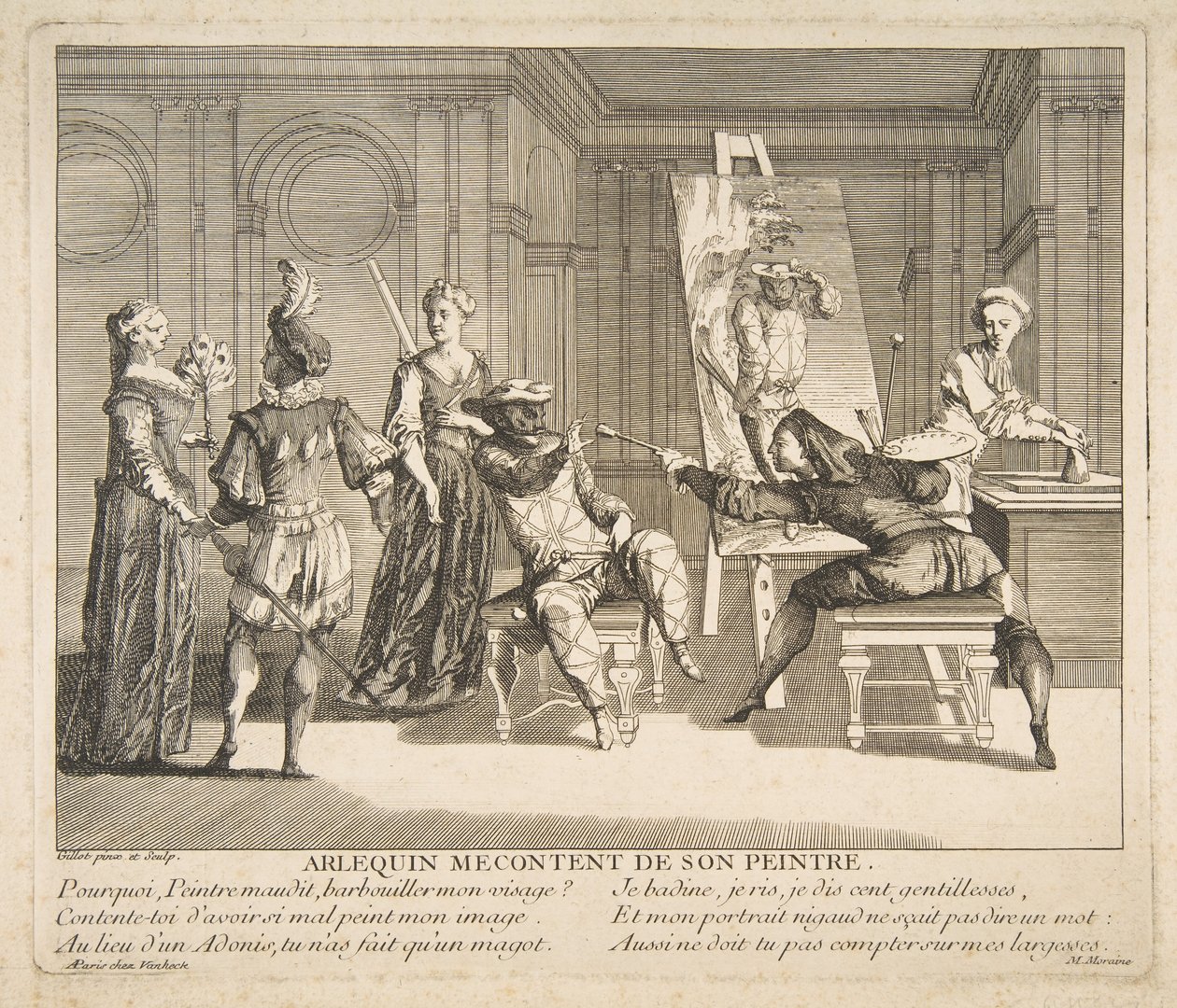 Harlequin tyytymätön maalariinsa.n.d. Tekijät: Claude Gillot, Jacques Gabriel Huquier. tekijältä Claude Gillot, Jacques Gabriel Huquier