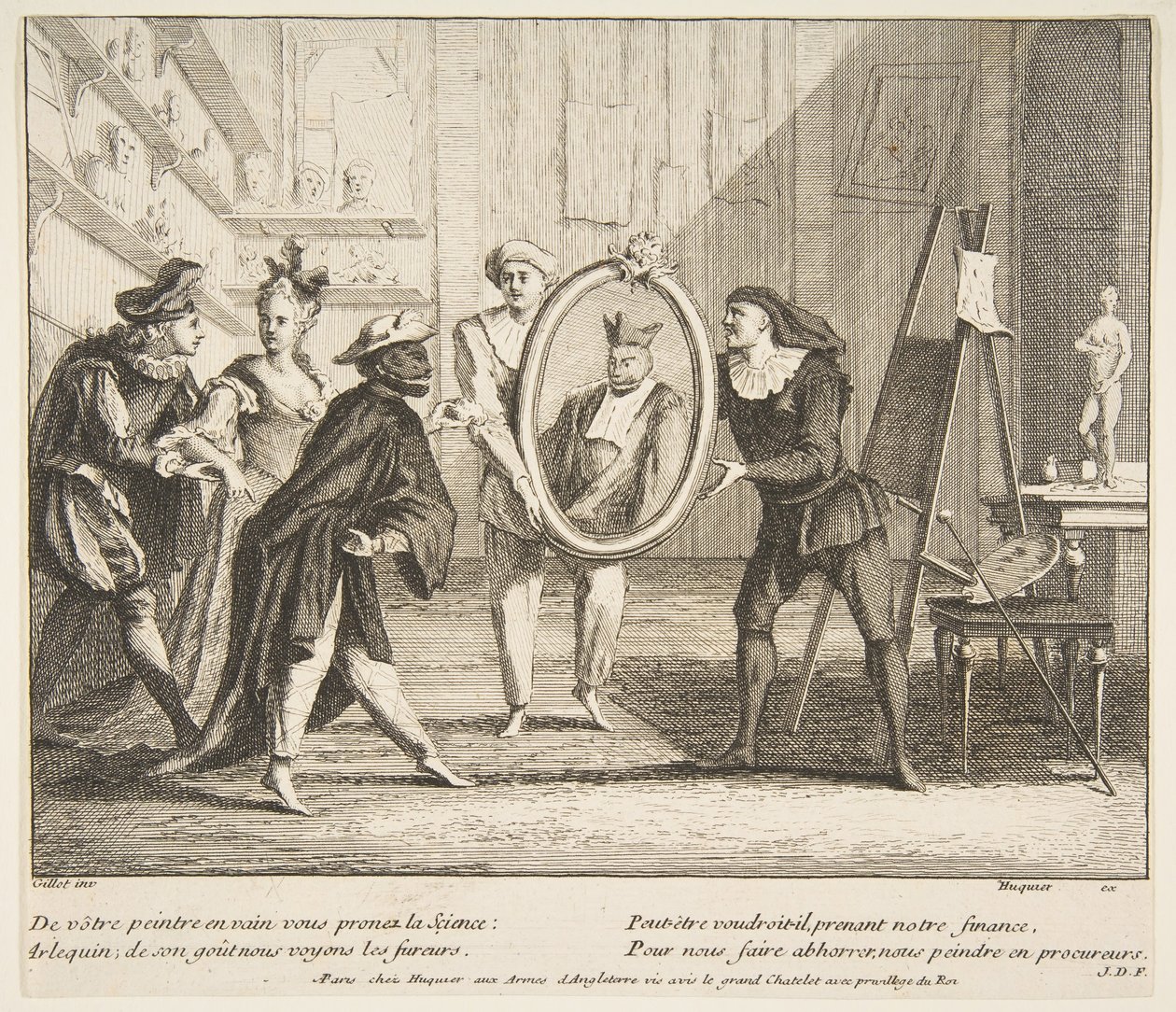 Pierrot ja Scaramouche näyttävät muotokuvan Harlequin.n.d:stä. Tekijät: Claude Gillot, Jacques Gabriel Huquier. tekijältä Claude Gillot, Jacques Gabriel Huquier