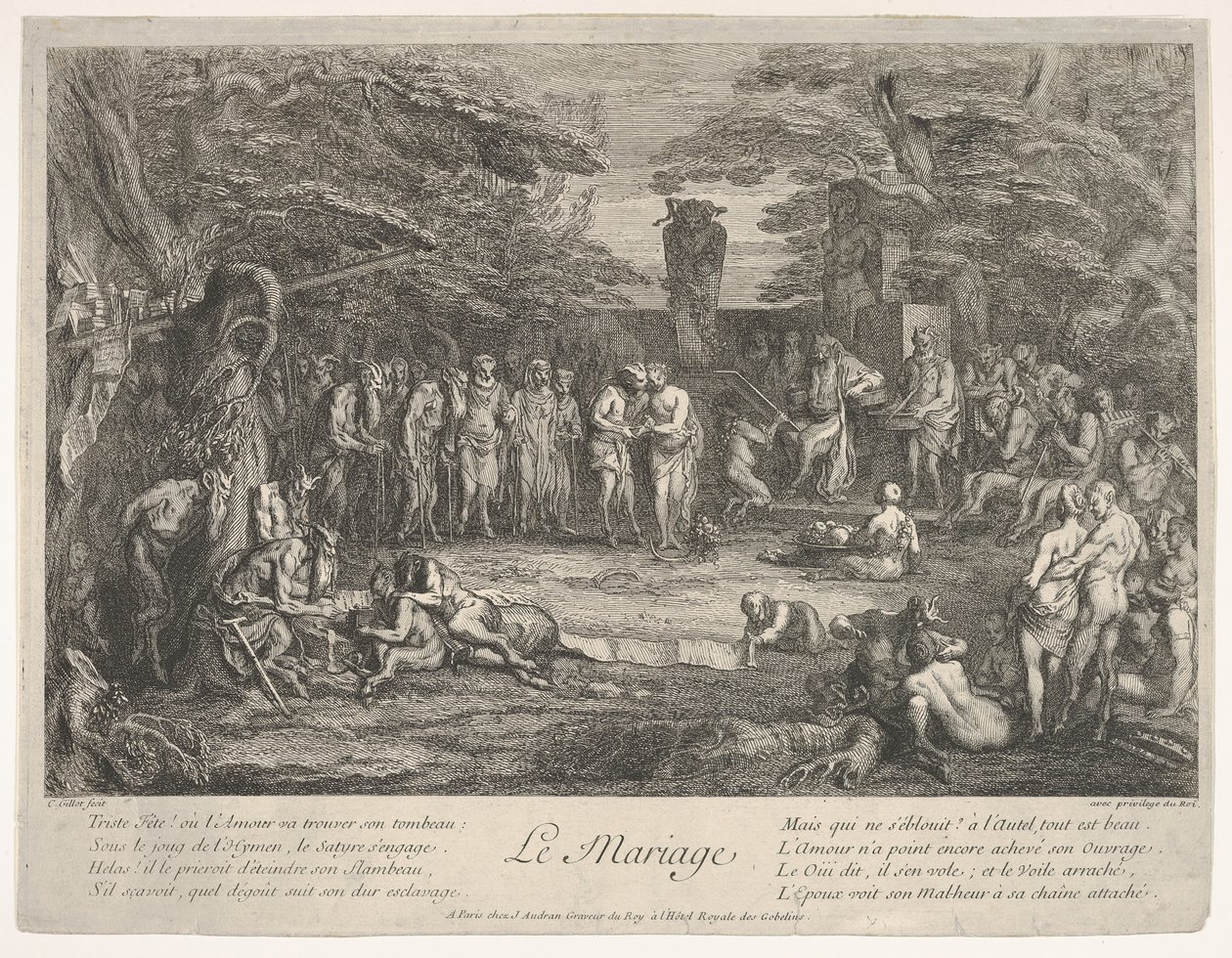 Avioliitto Le Mariage: metsässä vanha satyr meni naimisiin kihlatun kanssa vuonna 10., n. 1700-1720. tekijältä Claude Gillot