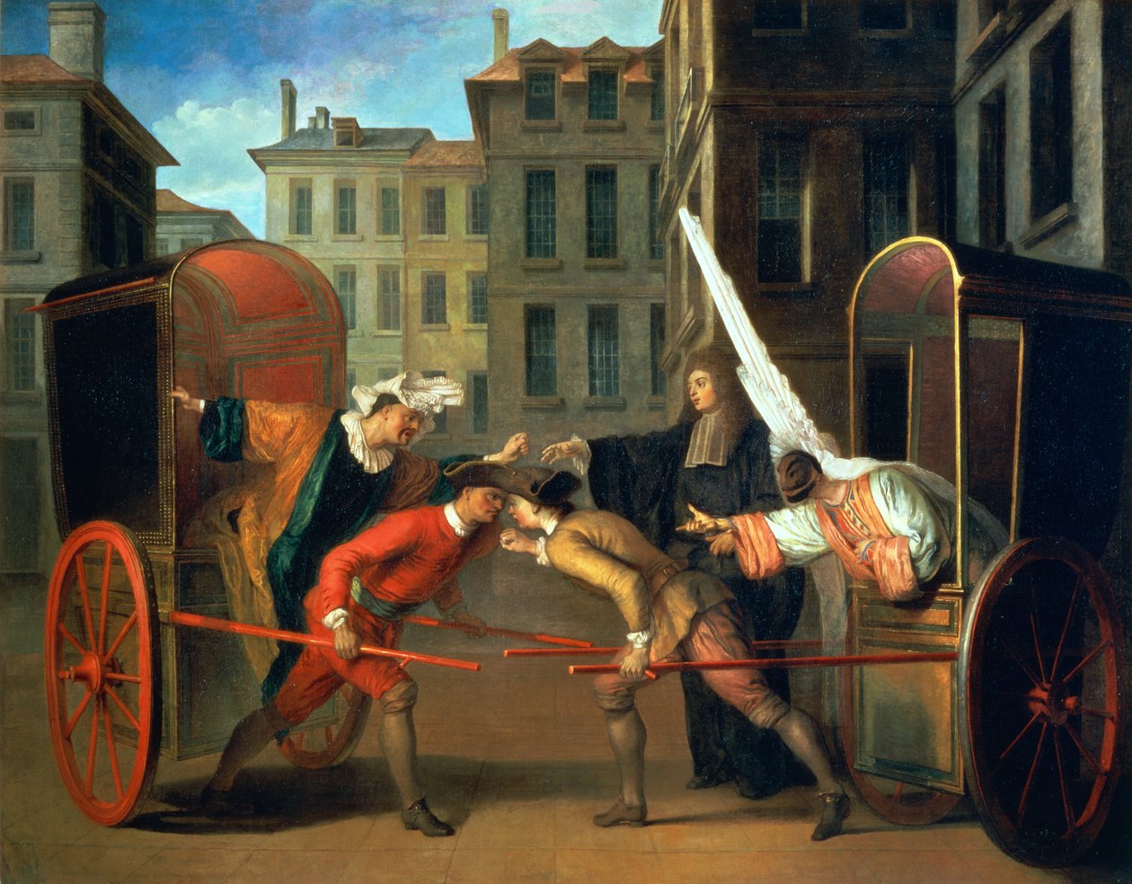 The Two Coaches, kohtaus, joka on lisätty Jean-Francois Regnardin (1655-1709) ja Charles-Riviere Dufresnyn (1648-1724) komediaan "Saint-Germainin messut" n. 1695 (öljy kankaalle) tekijältä Claude Gillot