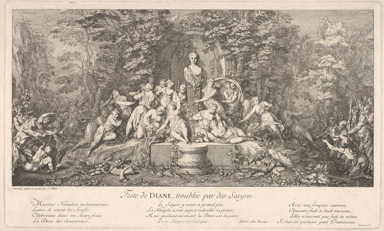 Dianan festivaali, satyyrien keskeyttämä Feste de Diana, perturbée par des Satyres..., ca. 1786. tekijältä Claude Gillot