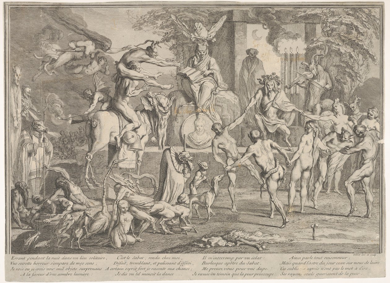 Witches Sabbath, öisessä maisemassa, nekromanti istuu ylimmässä keskustassa..., n. 1700-1720. tekijältä Claude Gillot