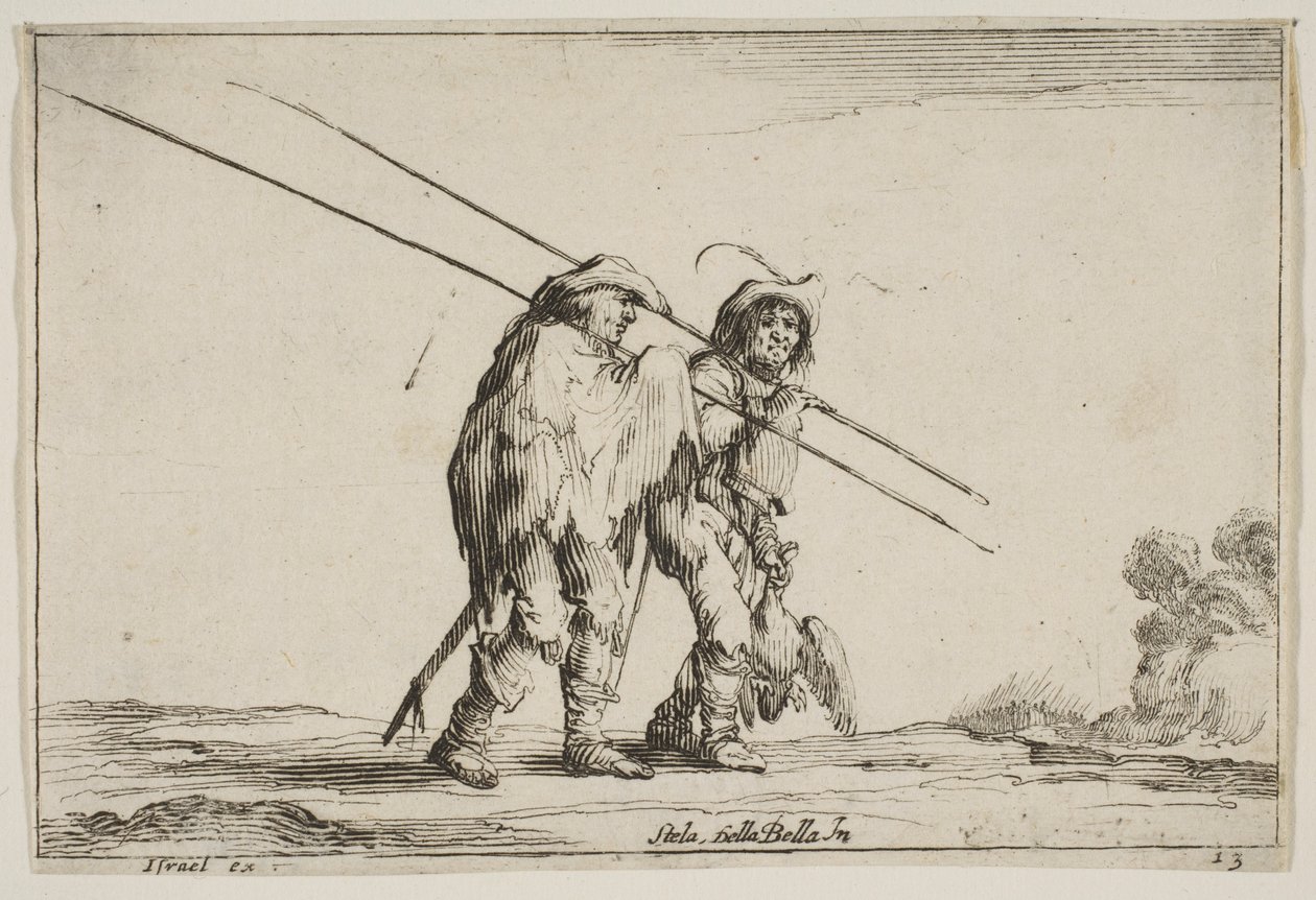 Kilpi 13: Kaksi haukihaukea kävelee oikealle, kumpikin hauki oikeassa kädessään..., 1642. tekijältä Claude Goyrand