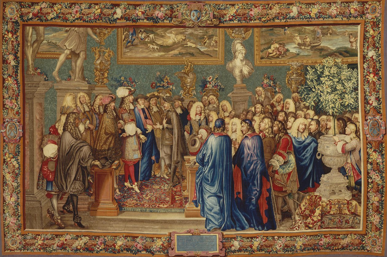 Ludvig XIV:n Fuentesin kreiville myöntämä yleisö Louvressa 24. maaliskuuta 1662, noin 1730. tekijältä Claude I, Ballin