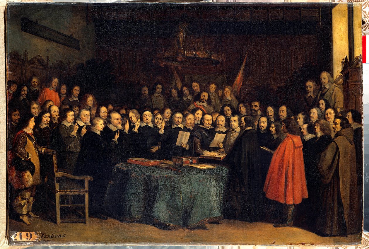 Westfalenin rauha, vannominen espanjalaisten ja Needlanderien välisen rauhan ratifioinnin jälkeen, Munsterin kaupungintalolla 15.5.1648 He päättivät kolmikymmenvuotisen sodan. Claudius Jacquandin maalaus tekijältä Claude Jacquand