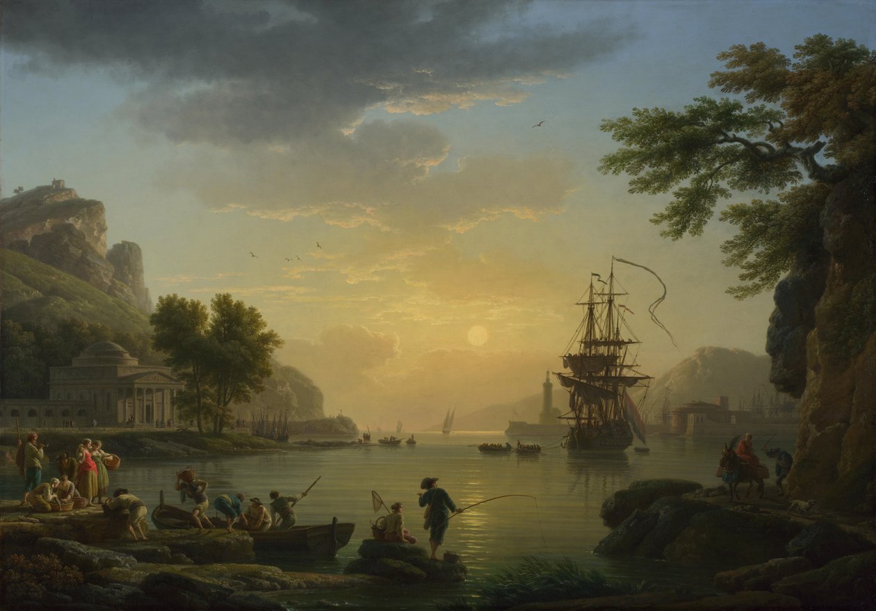 Maisema auringonlaskun aikaan, jossa kalastajat palaavat saaliillaan, 1773 tekijältä Claude Joseph Vernet