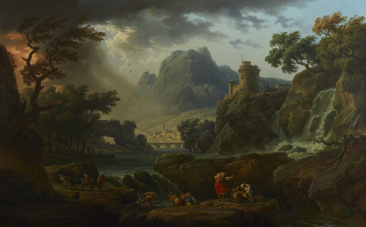 Vuoristomaisema lähestyvän myrskyn kanssa tekijältä Claude Joseph Vernet