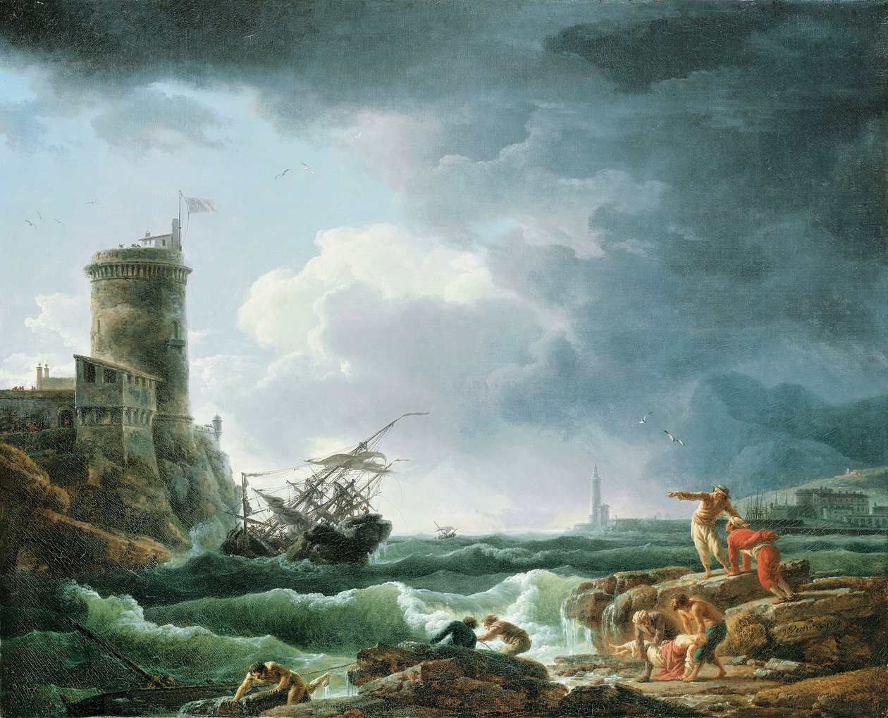 Myrsky ja haaksirikko linnoituksen luona, haaksirikko etualalla, 1769 tekijältä Claude Joseph Vernet