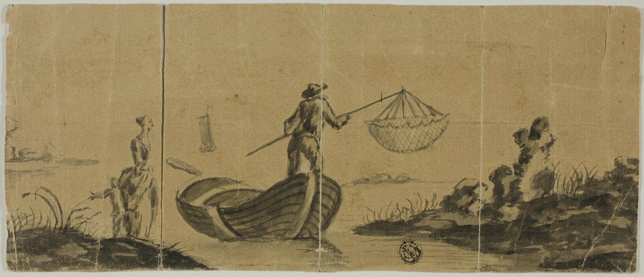 Chinoiserie, jossa mies kalastaa veneestä, nainen ja lapsi seisoo rannalla tekijältä Claude Joseph Vernet