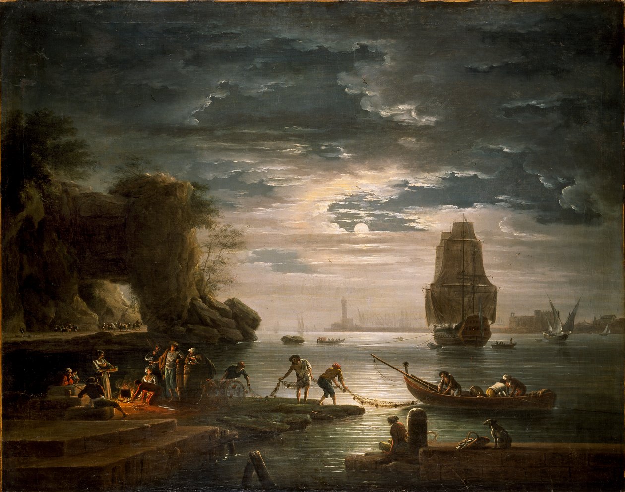 Rannikkomaisema La nuit, 1750-luku tekijältä Claude Joseph Vernet