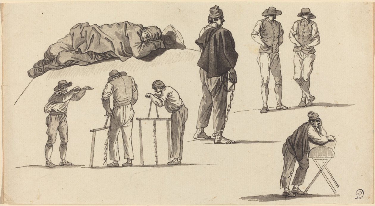 Figuuritutkimukset, mukaan lukien yksi maassa nukkuva mies ja kaksi miestä sahaamassa tekijältä Claude Joseph Vernet