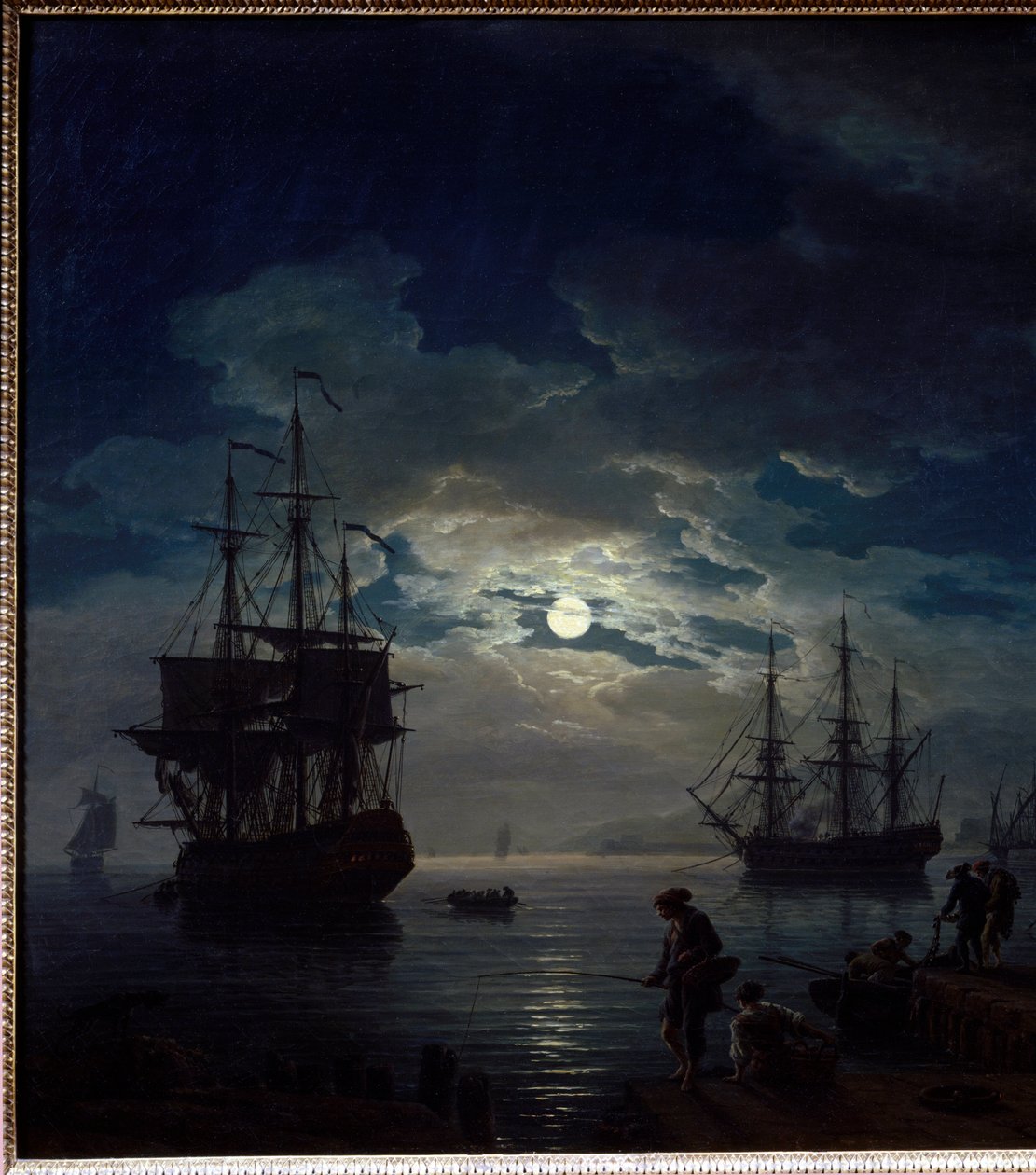 Moonlight kalastus Yönäkymä satamaan. Yksityiskohta. Joseph Vernet