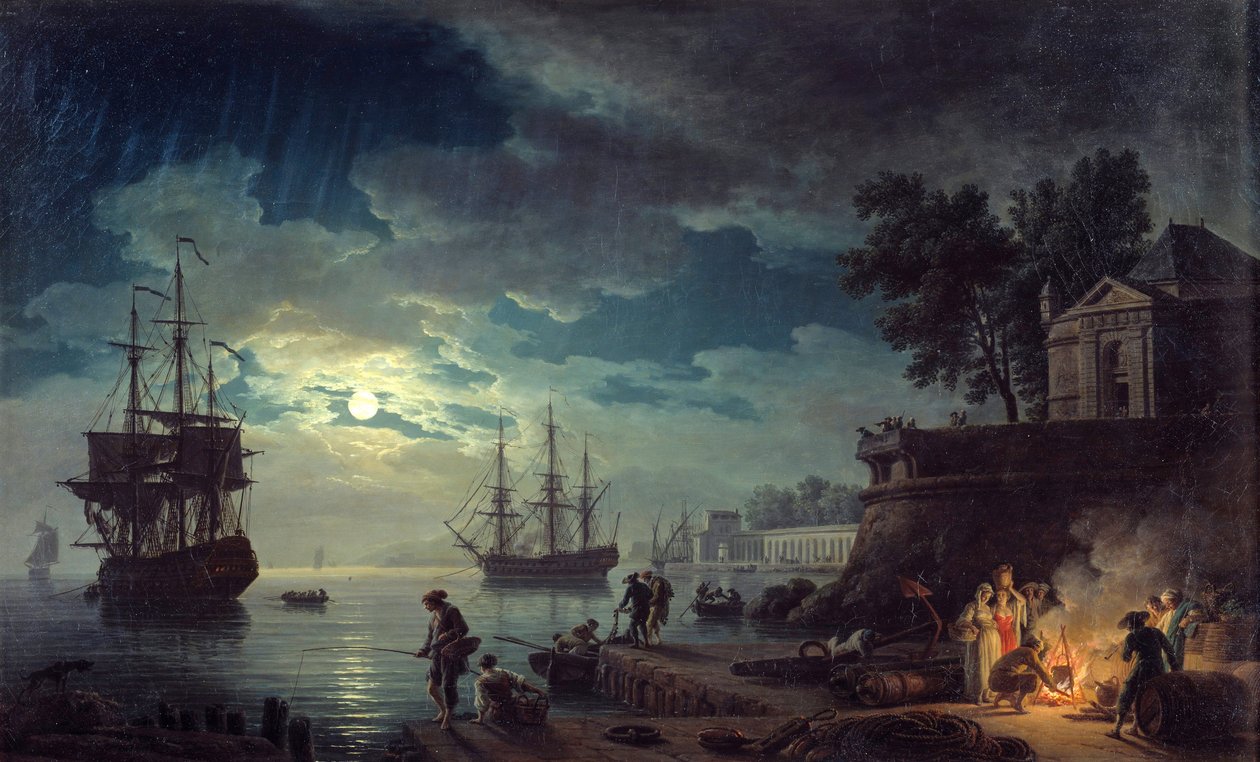 Moonlight-kalastus Yönäkymä satamaan, jossa miehet tekevät nuotiota. Joseph Vernet