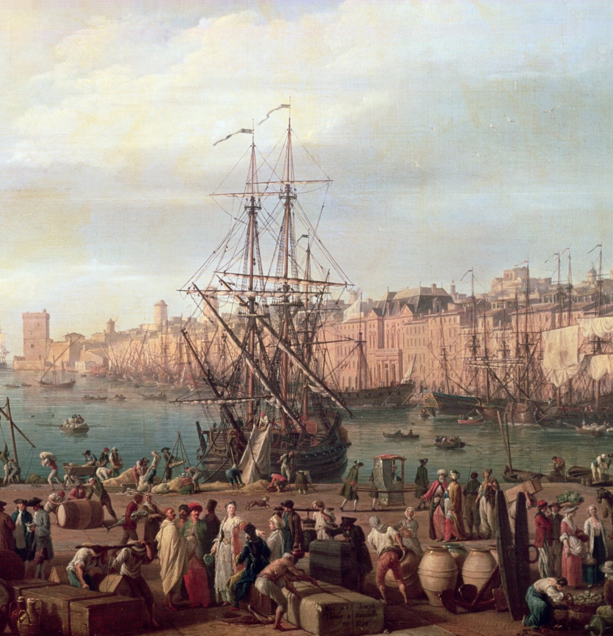 Aamunäkymä Marseillen sisäsatamasta ja Horloge du Parcin paviljongista, 1754 (156103:n yksityiskohta) tekijältä Claude Joseph Vernet
