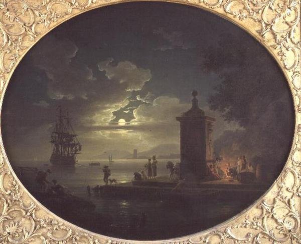 Yö: Kuutamoinen rannikkomaisema Fisherfolkin kanssa tulen äärellä laiturilla, sodan mies sen takana tekijältä Claude Joseph Vernet