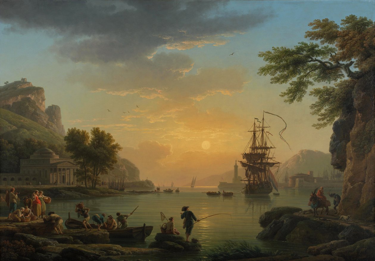 ""Maisema auringonlaskun aikaan ja kalastajat palaavat saaliillaan" Claude Joseph Vernet (1714-1789) maalaus Öljy kankaalle 1773 Koko 114,5x164 cm National Gallery, Lontoo tekijältä Claude Joseph Vernet