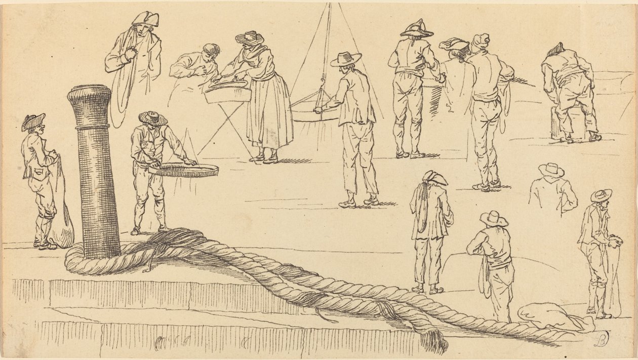 Laiturilla olevat hahmot ja pollariin kiinnitetty köyden pituus tekijältä Claude Joseph Vernet