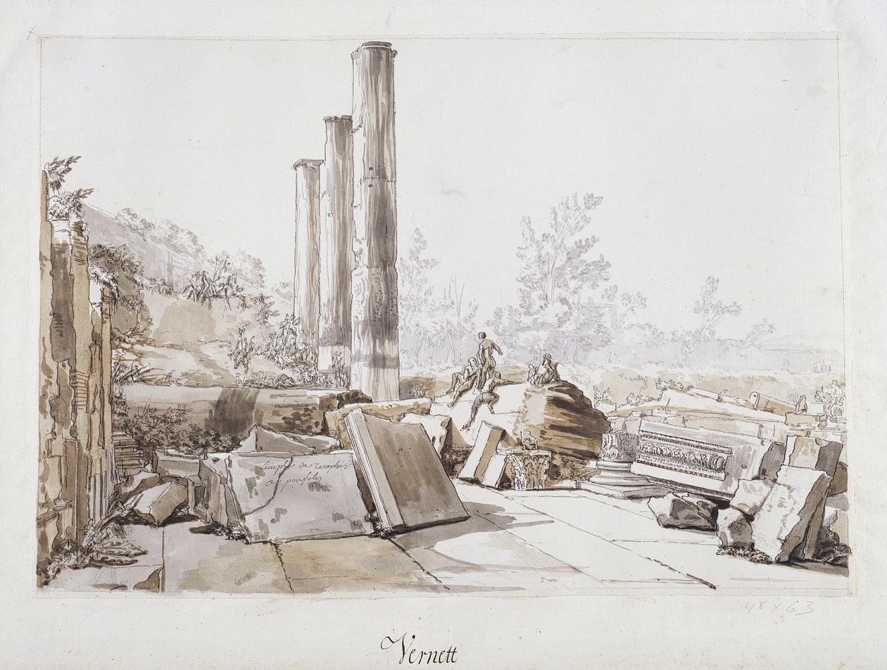 Serapisin temppelin rauniot Pozzuolissa, 1750 (kynä ja muste ja pesu mustalla liidulla paperille) tekijältä Claude Joseph Vernet