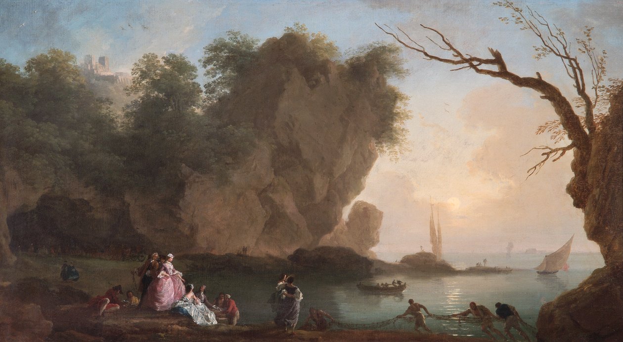 Auringonlasku: Näkymä lahden yli hahmoineen tekijältä Claude Joseph Vernet