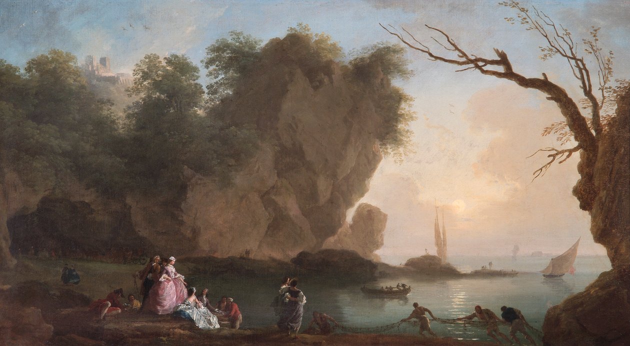 "Auringonlasku: Näkymä lahdelle hahmoineen", 1742 tekijältä Claude Joseph Vernet