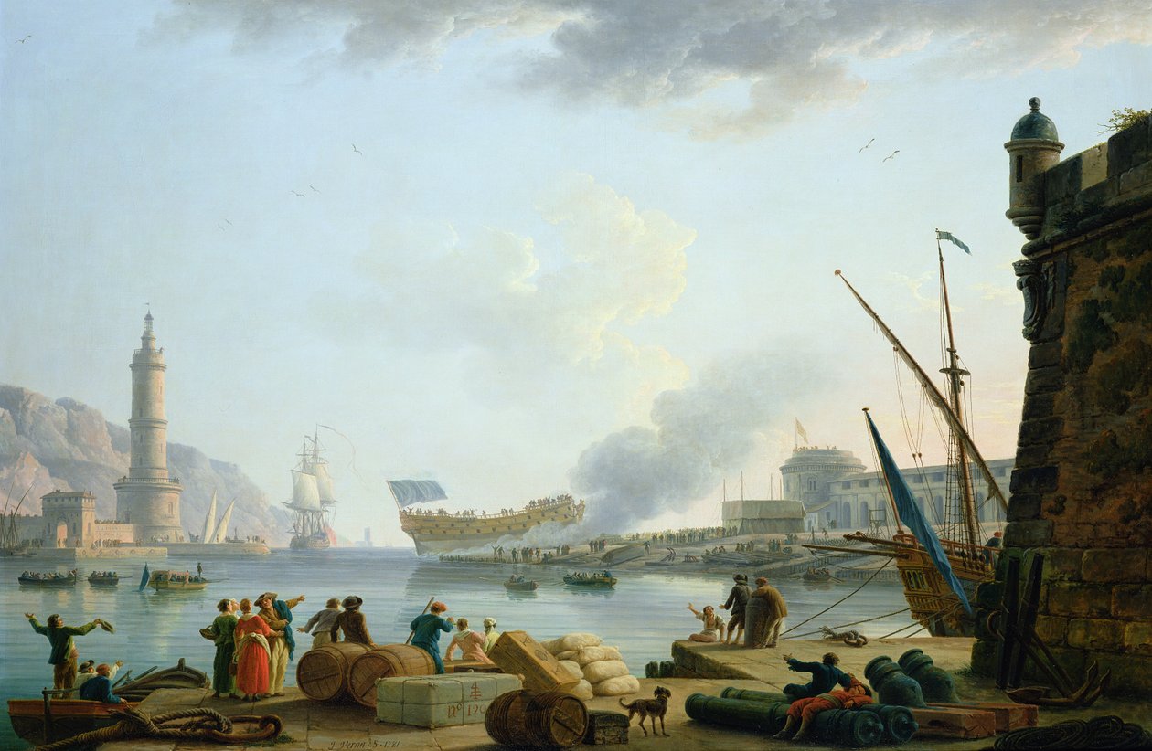 Sota-aluksen laukaisu sataman suulla, 1781 tekijältä Claude Joseph Vernet