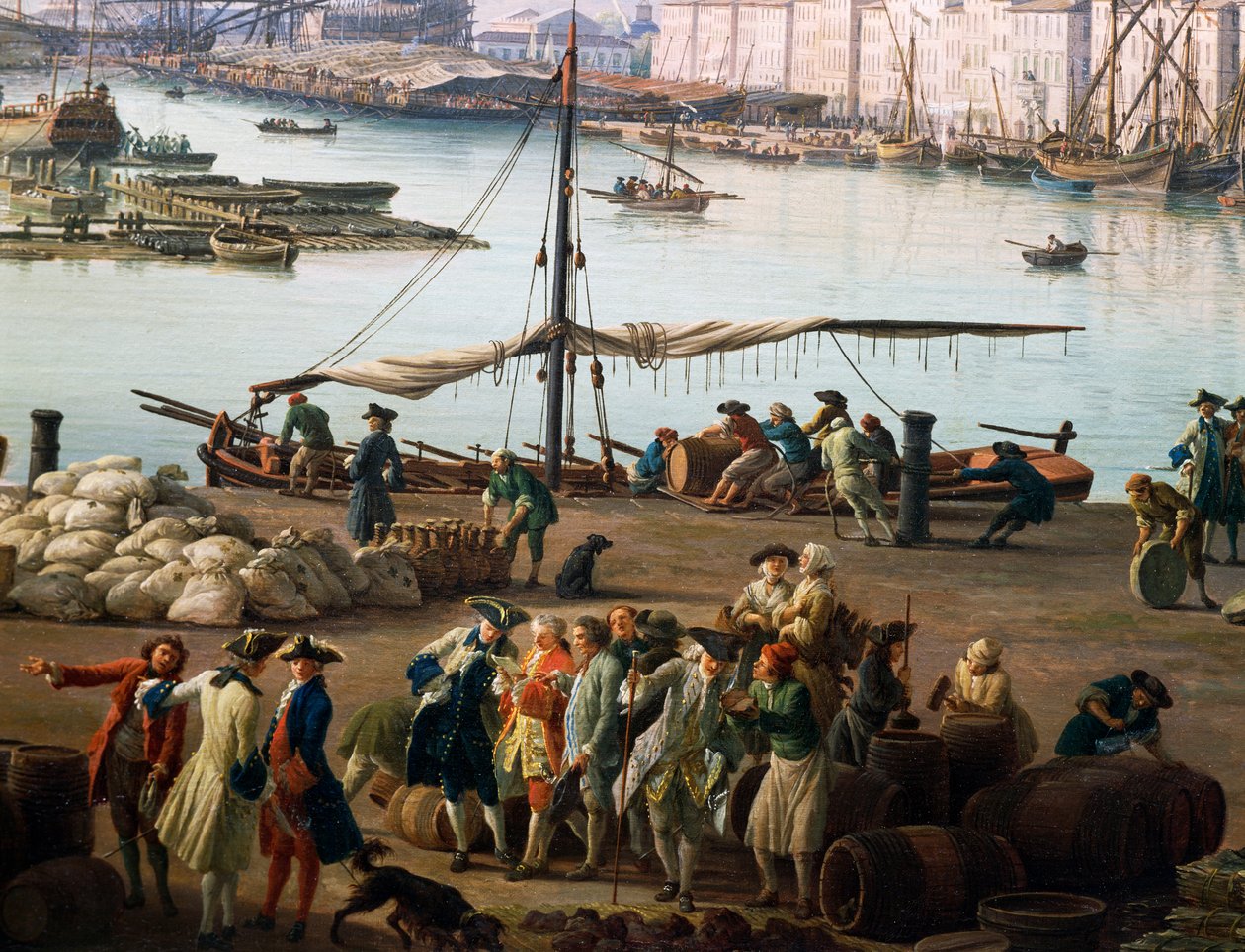 Kolmas näkymä Toulonista, näkymä vanhaan satamaan ruokakauppojen puolelta, yksityiskohta (öljy kankaalle) tekijältä Claude Joseph Vernet