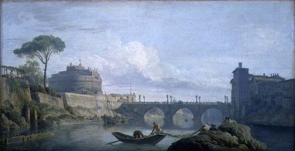 Näkymä St. Angelon sillalle ja linnalle, Rooma, n. 1748 (öljy kankaalle) tekijältä Claude Joseph Vernet