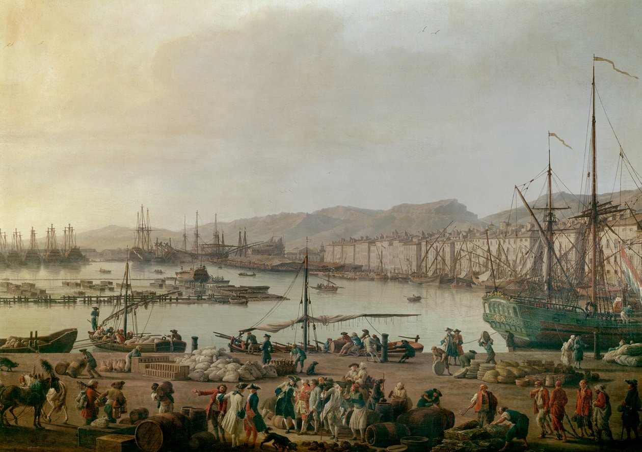 Näkymä Toulon Detailin satamaan, vanhaan satamaan, näkymä kauppojen rannikolta. Joseph Vernet
