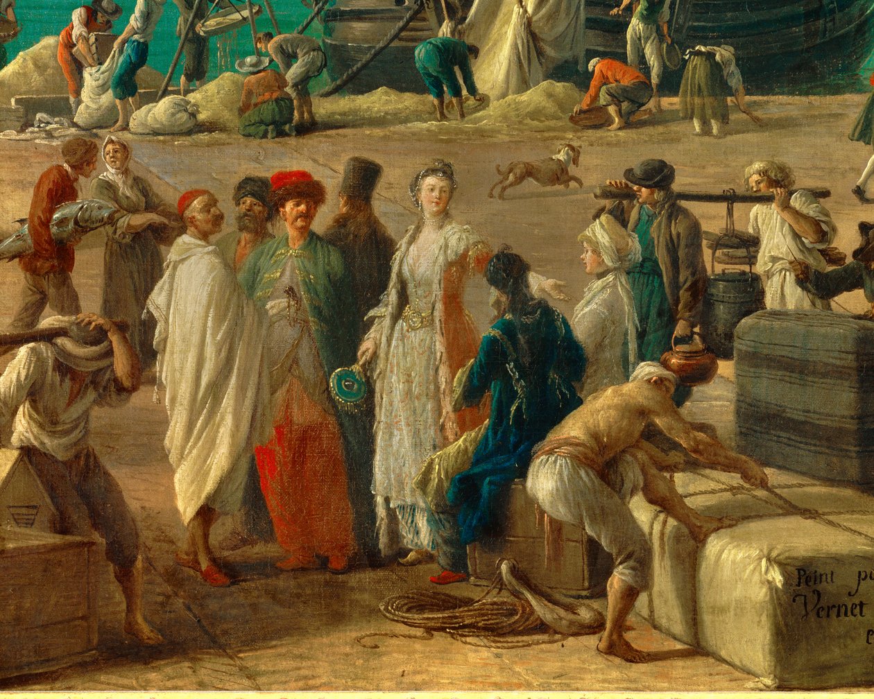yksityiskohta: Marseillen satama 1700-luvulla”” Tavaroiden purkamista kuvaava yksityiskohta. Joseph Vernet